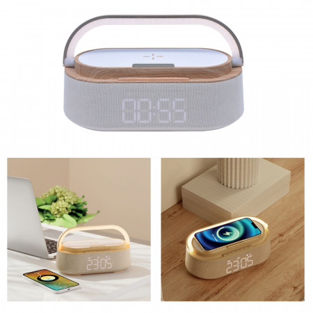 5’i 1 Arada Bluetooth Hoparlör, Kablosuz Şarj, Saat, Telefon Standı, Masa Lambası 5’i 1 Arada Bluetooth Hoparlör, Kablosuz Şarj, Saat, Telefon Standı, Masa Lambası