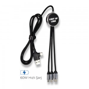 Işıklı Logo 60W Hızlı Type-C Uçlu Data Transferli Şarj Kablosu