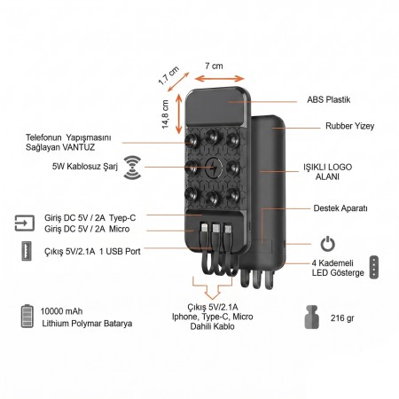 Işıklı Logo Wireless Powerbank 10000 mAh